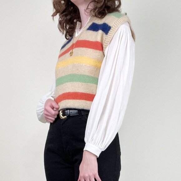 Vintage 1970s Hand Knit Wool Sweater Vest Oversized Preppy Nautical Eclectic 70s - Picture 7 of 8